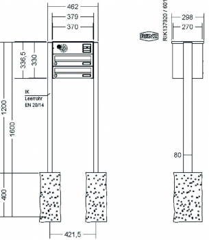 RENZ Briefkastenanlage freistehend, Basic B, Edelstahl V4A, Kastenformat 370x110x270mm, mit Klingel - & Lichttaster und Vorbereitung Gegensprechanlage, 2-teilig, zum Einbetonieren